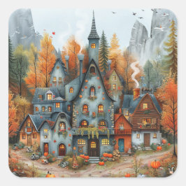 Adesivo Quadrado Ilustração de Mansão de outono Whimsical