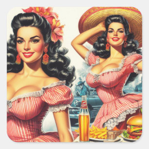 Adesivo Quadrado Ilustração de Mulher Hispânica Vintage