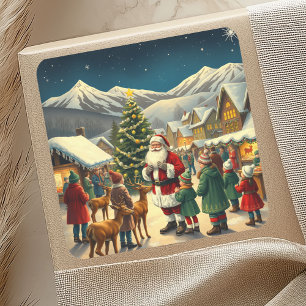 Adesivo Quadrado Ilustração de Natal Antiga