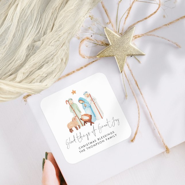 Adesivo Quadrado Ilustração de Natividade Testemunhos Felizes De Al (Mary Joseph  Baby Jesus and Shepherd Nativity Scene Christmas Gift Stickers)