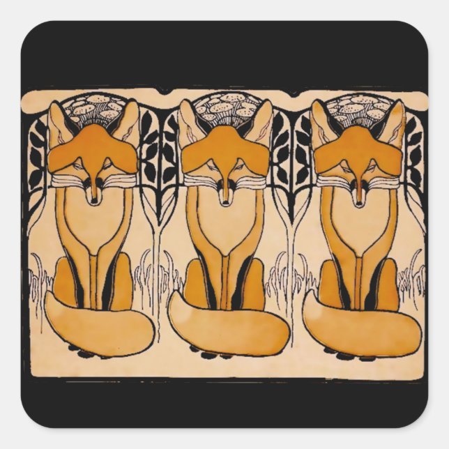 Adesivo Quadrado Ilustração de Raposas Art Nouveau | Vida Selvagem  (Frente)