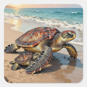 Adesivo Quadrado Ilustração de Tartaruga Marinha e Bebê na Praia