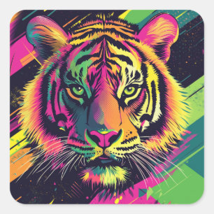 Adesivo Quadrado Ilustração de Tigre de Arte pop com Cores Néon