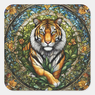 Adesivo Quadrado Ilustração de Tigre de Vidro Estreitado