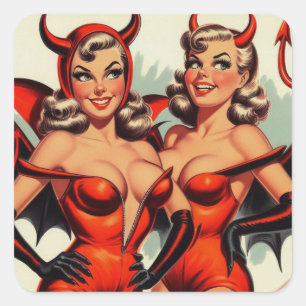Adesivo Quadrado Ilustração de Vintage Devil Girls