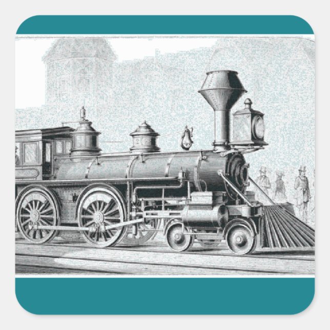 Adesivo Quadrado Ilustração do Comboio a Vapor Preto e Branco (Frente)