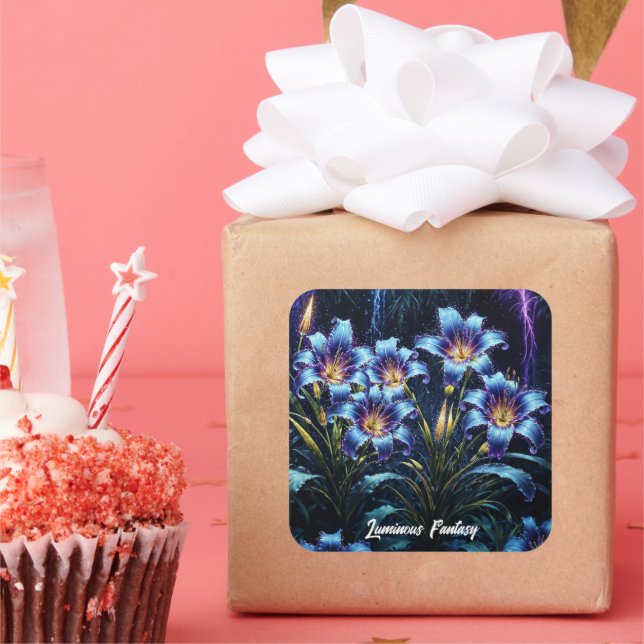 Adesivo Quadrado Ilustração do jardim noturno de flores bioluminesc (Festa)