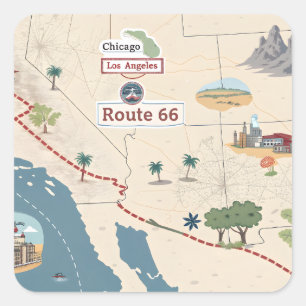 Adesivo Quadrado Ilustração do Mapa de Viagem Antigo da Rota 66