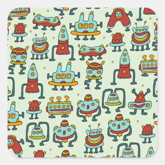 Adesivo Quadrado Ilustração do padrão de imagem de Aliens robôs (Frente)