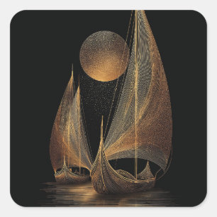 Adesivo Quadrado Ilustração Dourada Elegante de Arte de Palangres