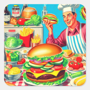Adesivo Quadrado Ilustração em Quadrinhos Retro Hamburger