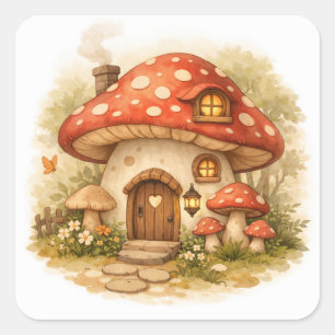 Adesivo Quadrado Ilustração Estética de Cogumelo Cottage core