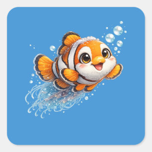 Adesivo Quadrado Ilustração Feliz do Peixe-Palhaço da Vida Marinha