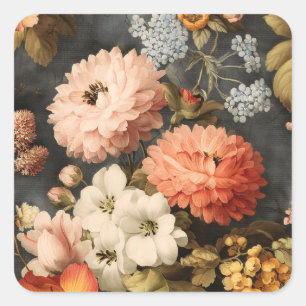 Adesivo Quadrado Ilustração Floral Vintage com Flores Mistas