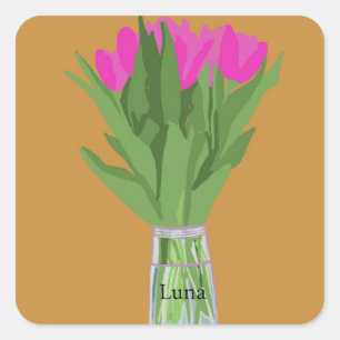 Adesivo Quadrado Ilustração Moderna da Flor de Tulip bonito + Nome