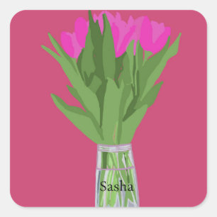 Adesivo Quadrado Ilustração Moderna da Flor de Tulip bonito + Nome