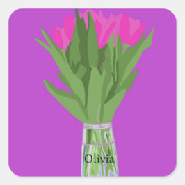 Adesivo Quadrado Ilustração Moderna da Flor de Tulip bonito + Nome