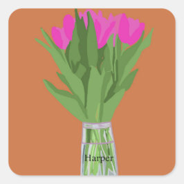Adesivo Quadrado Ilustração Moderna da Flor de Tulip bonito + Nome