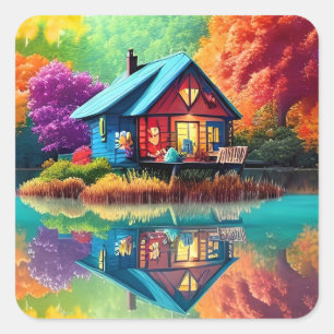 Adesivo Quadrado Ilustração paisagística com lago de algodão