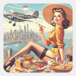 Adesivo Quadrado Ilustração Pin-up do Avião Retro