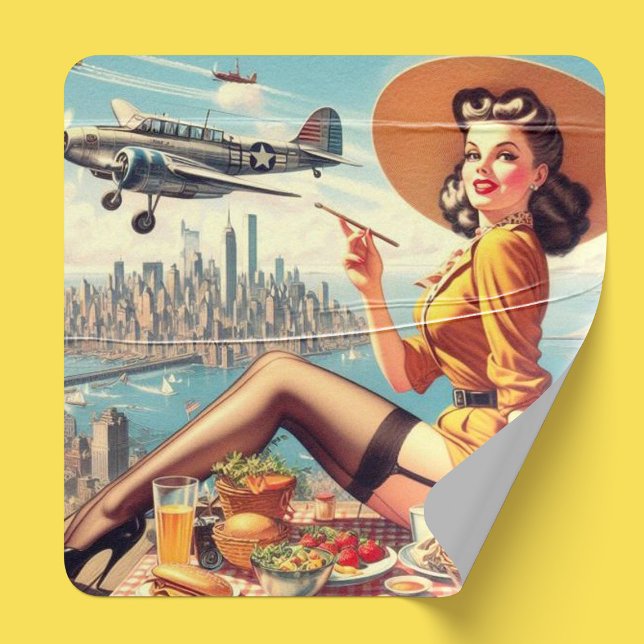Adesivo Quadrado Ilustração Pin-up do Avião Retro (Criador carregado)