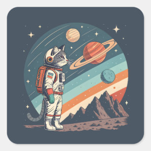 Adesivo Quadrado Ilustração Retro de Astronauta Gato Cósmico no Esp
