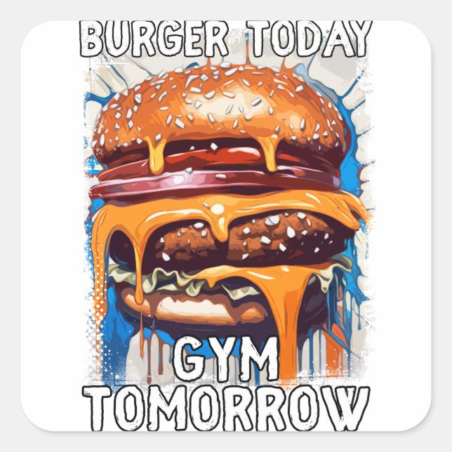 Adesivo Quadrado Ilustração Retroativa de Citação Hilarious BURGER (Frente)