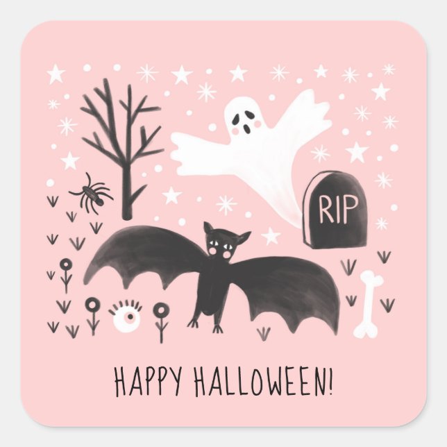 Adesivo Quadrado Ilustração rosa-preto Ghost Bat Ghost Cute (Frente)