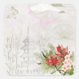 Adesivo Quadrado Ilustração Tradicional Japonesa do Vintage Pastel