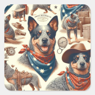 Adesivo Quadrado Ilustração Vintage australiana de Cães de Bovinos