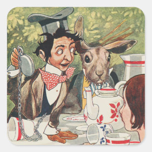 Adesivo Quadrado Ilustração Vintage da Festa do Chá do Chapeleiro L