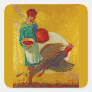 Adesivo Quadrado Ilustração Vintage de Colheita de Ação de Graças