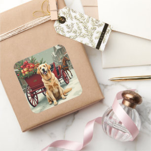 Adesivo Quadrado Ilustração Vintage do Carriage de Natal com Golden