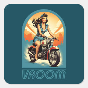 Adesivo Quadrado Ilustração Vintage - Rapariga Biker dos anos 60