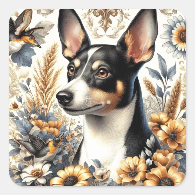 Adesivo Quadrado Ilustração Vintage Rat Terrier (Frente)