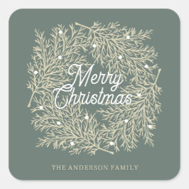 Adesivo Quadrado ilustración hojas abeto corona de Navidad verde