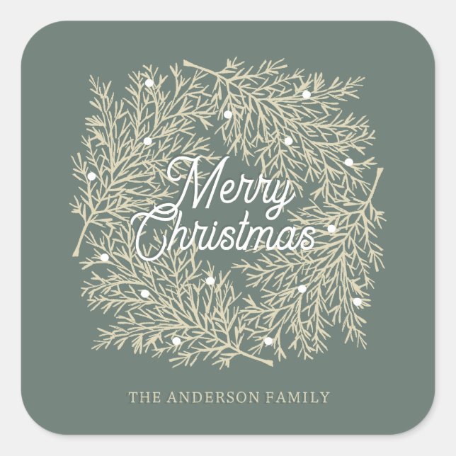 Adesivo Quadrado ilustración hojas abeto corona de Navidad verde (Frente)