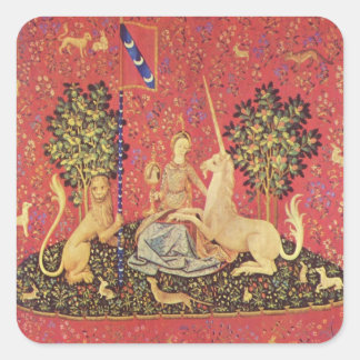 Adesivo Quadrado Imagem de Tapeçaria Medieval do Unicórnio e da Mai