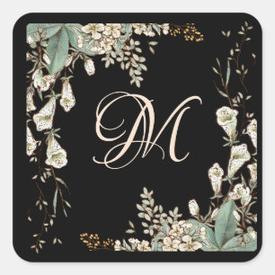 Adesivo Quadrado Imagem Elegante de Script de Garland Floral Preto