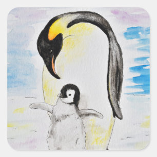 Adesivo Quadrado Imperador Penguin e pintura de aquarela de Pintinh