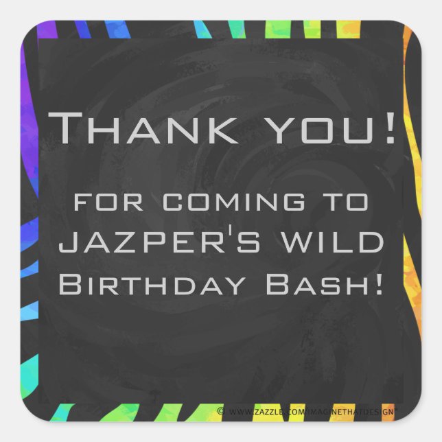 Adesivo Quadrado Impressão de Monograma Zebra Negra e Arco-Íris (Frente)