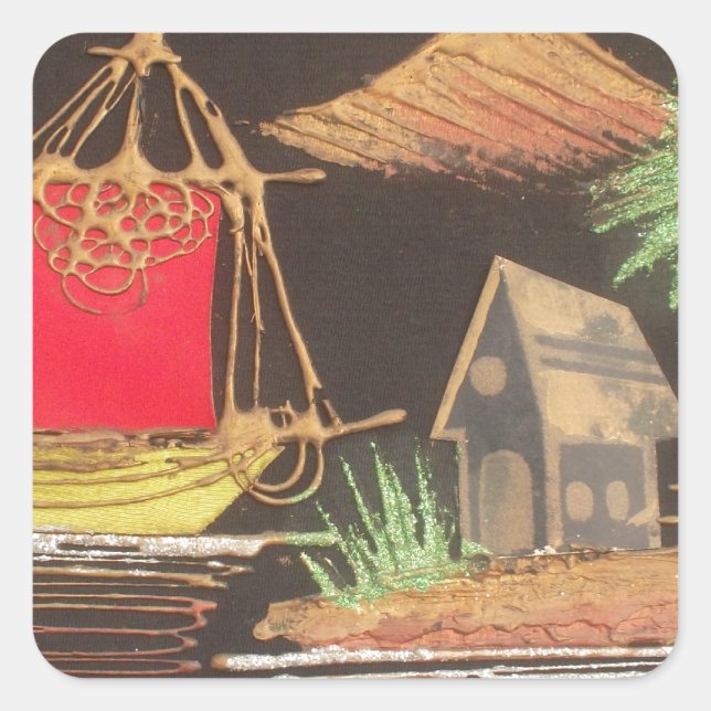 Adesivo Quadrado Impressão de pintura de óleo em veleiro vermelho (Frente)