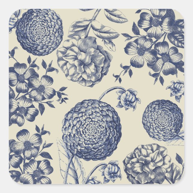 Adesivo Quadrado Impressão Flor Azul Antiquado Floral (Frente)