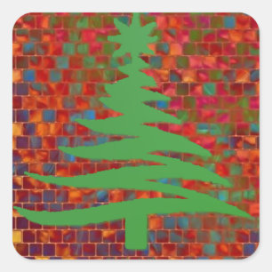 Adesivo Quadrado Impressão Verde de Estêncil de Árvore de Natal Mod