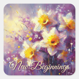 Adesivo Quadrado Impressionista Daffodil Floral Purple Yellow Art
