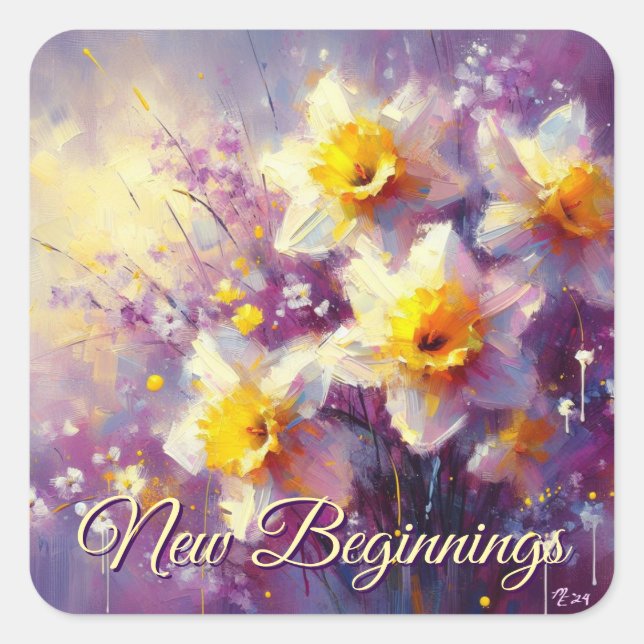 Adesivo Quadrado Impressionista Daffodil Floral Purple Yellow Art (Frente)