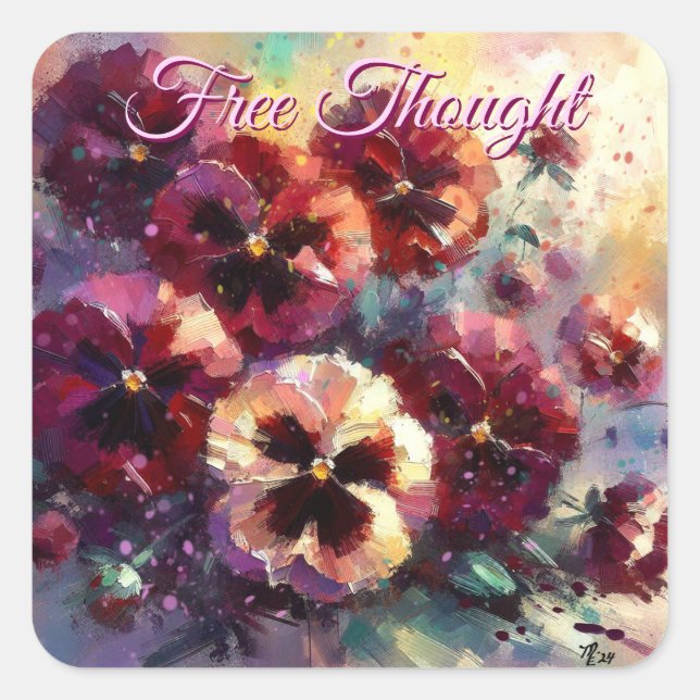 Adesivo Quadrado Impressionista Maroon Pansies Floral Pintura (Frente)