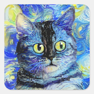 Adesivo Quadrado Impressionista Starry Night Tabby Cat Portrait