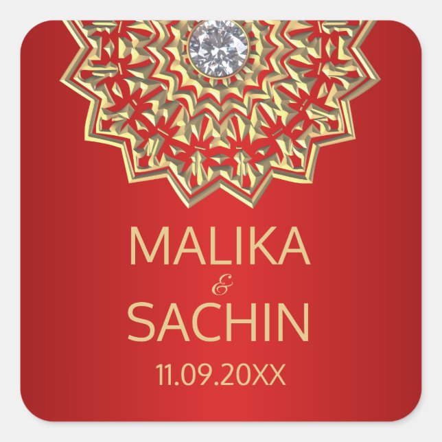 Adesivo Quadrado índio Mandala Flor RED Dourado Casamentos (Frente)
