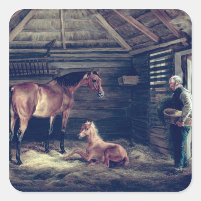 Adesivo Quadrado Inglês Mare With Her Foals, 1833 (Frente)